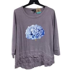 Upcycled Hand Printed Womens Large Hydrangea Flower Lightweight Sweatshirt